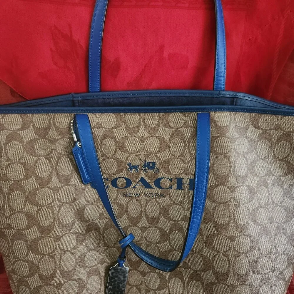 Coach Tan Signature Canvas Tote with Blue Trim - Picture 6 of 11